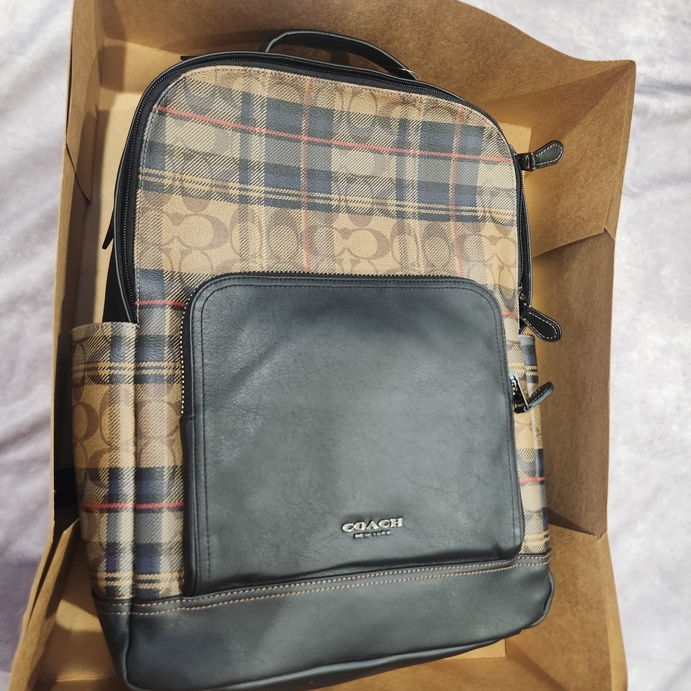 Coach Men's Plaid and Black Backpack